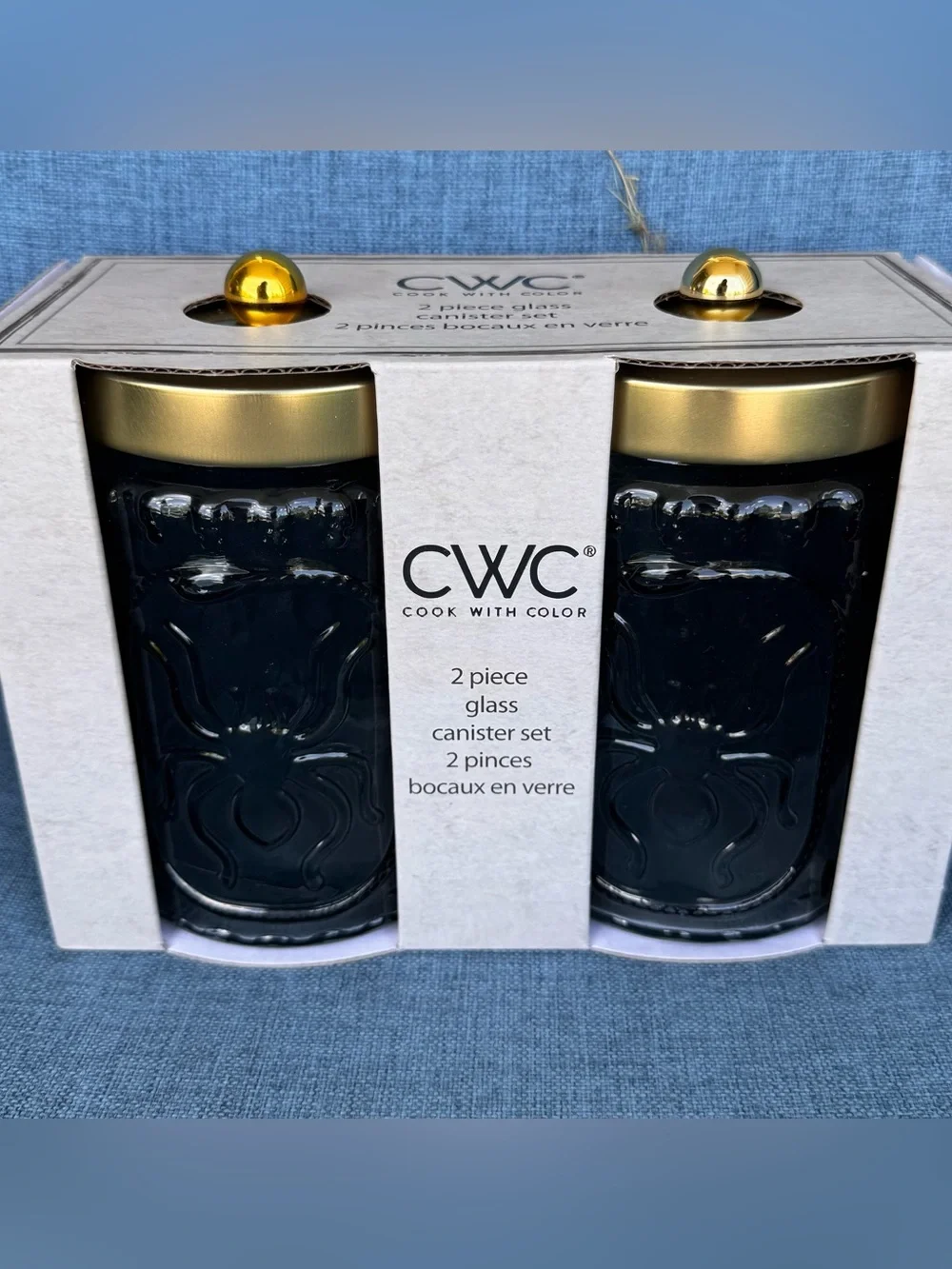 Cook With Color Grey Glass Spider Embossed Canister Set with Gold Lids - 2 Piece